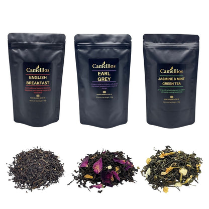 Assorted premium loose leaf teas and infusions in a classic bundle from Camellios, displayed in a decorative box.