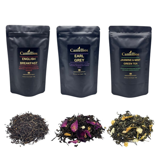 Assorted premium loose leaf teas and infusions in a classic bundle from Camellios, displayed in a decorative box.