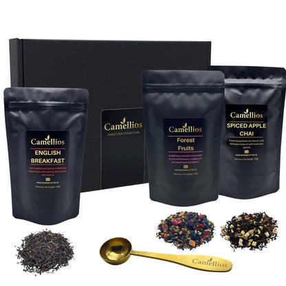 Assorted Camellios luxury loose leaf tea gift box with elegant packaging and various tea and infusion blends.