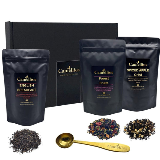 Assorted Camellios luxury loose leaf tea gift box with elegant packaging and various tea and infusion blends.