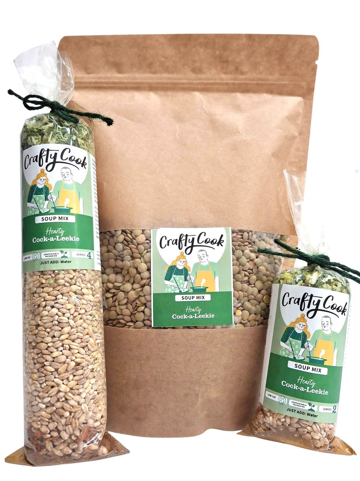 Cock-a-Leekie Soup Mix by Crafty Cook, showcasing the mix package with ingredients and branding on the label.