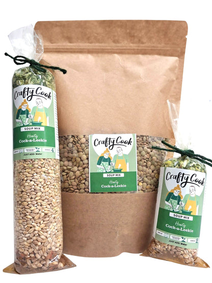 Crafty Cook Cock-a-Leekie Soup Mix package showing the product label with leek and chicken ingredients.