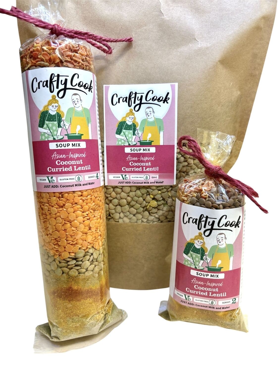 Crafty Cook Coconut Curried Lentil Soup Mix in a resealable bag, featuring vibrant label with images of lentils and curry spices.