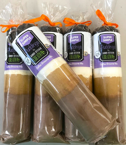 Coffee brownie mix by Crafty Cook in a bag, showing a prepared coffee-flavored brownie with a rich, chocolatey appearance.