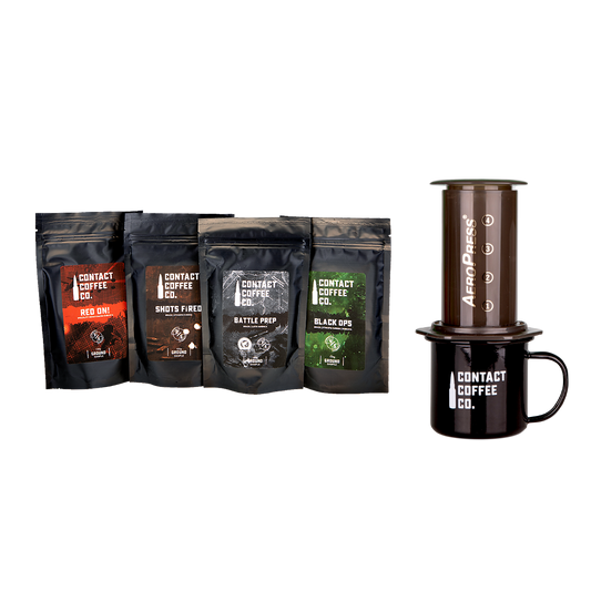 Assorted coffee beans and brewing accessories in Contact Coffee Company Ltd. Coffee Starter Pack, ideal for coffee enthusiasts.