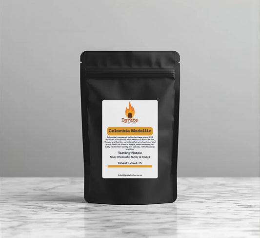 Bag of Ignite Coffee Co Colombia Medellin Colombian Supremo coffee with smooth, chocolatey, and nutty flavors.