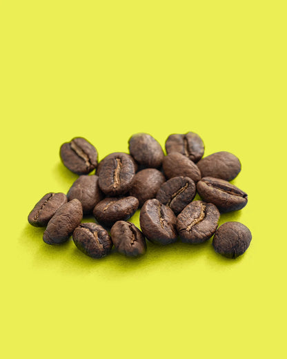 Colombia Dulima Excelso Medium Roast Coffee beans from Recent Beans, showcasing a pile of roasted coffee beans in a natural setting.
