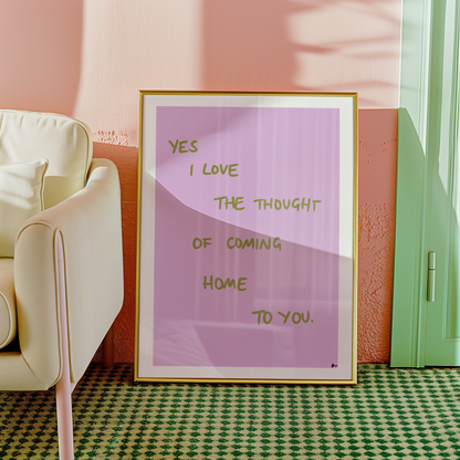 Romantic music art print featuring lilac and green floral design, titled "Coming Home To You" by Peak Prints.