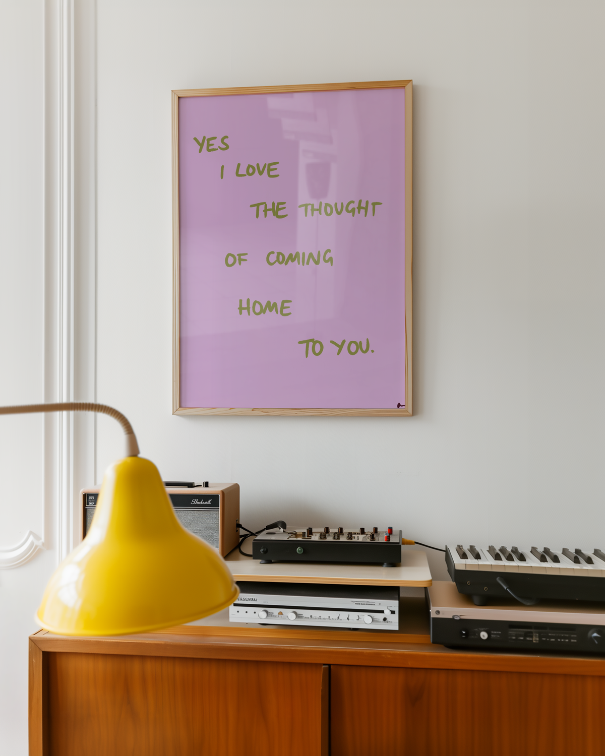 Romantic music art print featuring lilac and green tones, titled "Coming Home To You" by Peak Prints, showcasing floral and musical elements.
