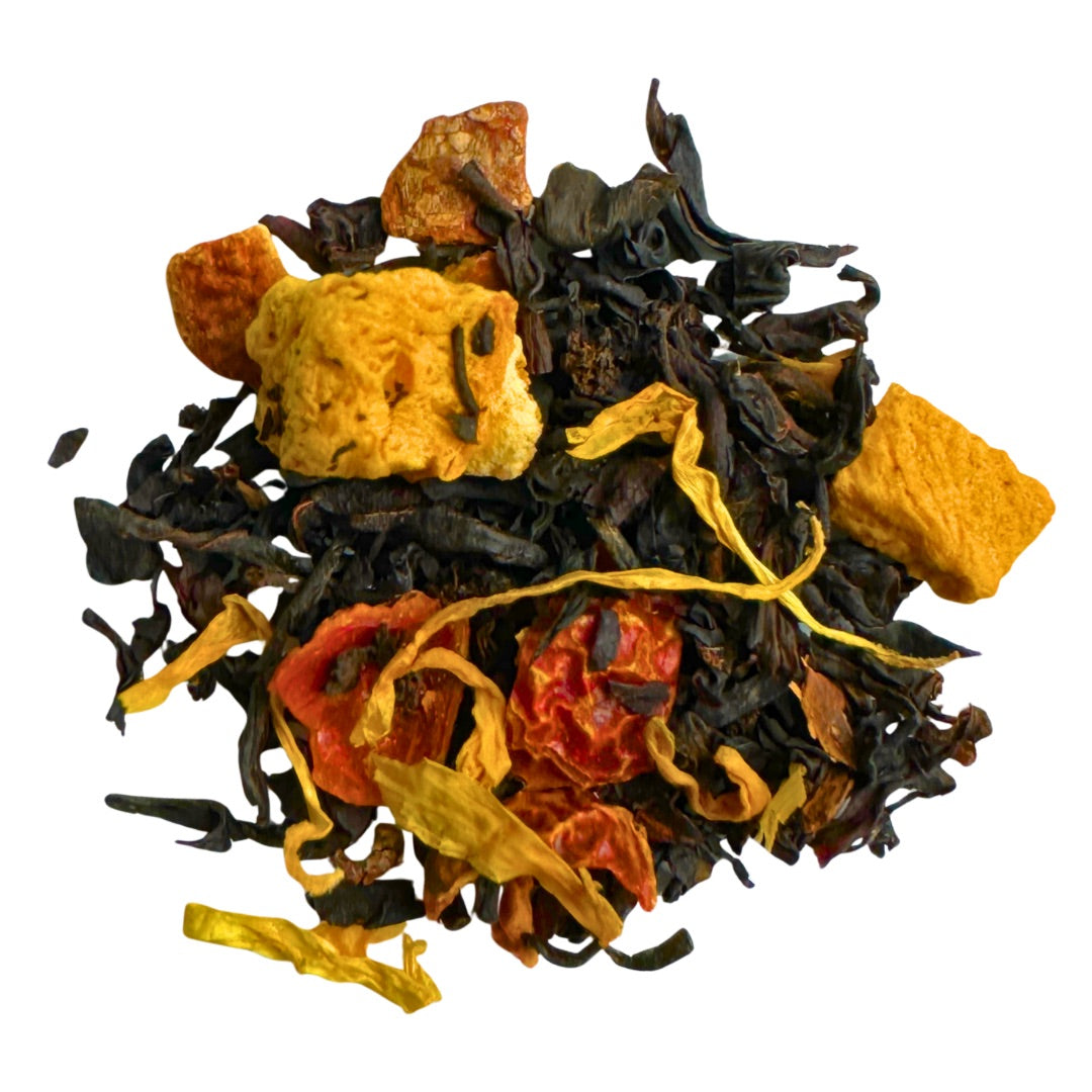 Black Pumpkin Spice tea by Porter Hill Tea Company in a branded tin with a festive label and tea leaves visible.