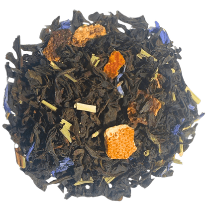 Black Earl Grey tea by Porter Hill Tea Company in a decorative tin, showcasing the vibrant packaging and tea leaves inside.