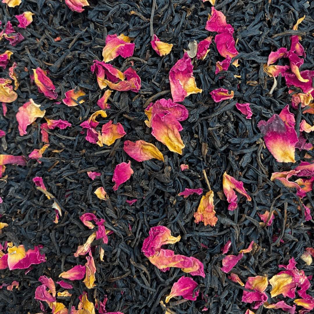 Porter Hill Tea Company's Keemun Rose black tea in a teacup, showcasing loose tea leaves and a floral aroma.