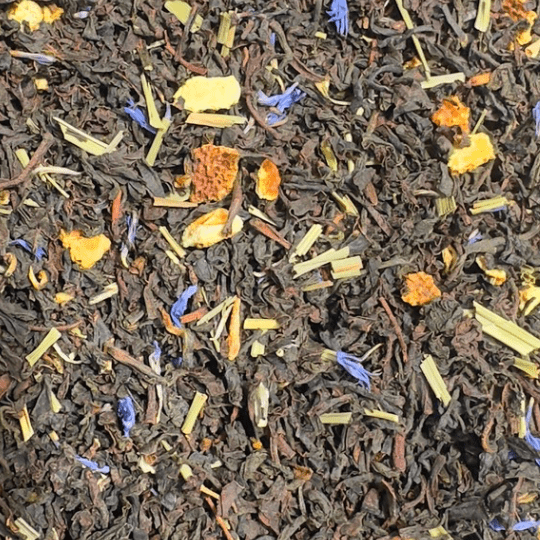 Freshly brewed Zesty Earl Grey black tea in a cup with lemon slice, from Porter Hill Tea Company.