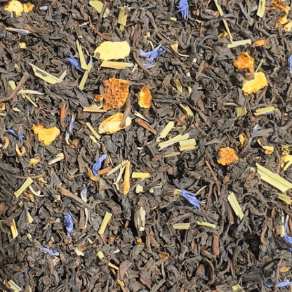 Freshly brewed Zesty Earl Grey black tea in a cup with lemon slice, from Porter Hill Tea Company.