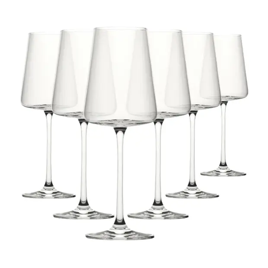 Set of six Glassware UK Mode wine glasses, 360ml capacity, clear glass with elegant stem design for wine serving.