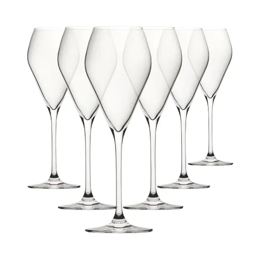 Set of six 240ml Glassware UK Mode Glass champagne flutes with tall, slender bowls and clear glass design.
