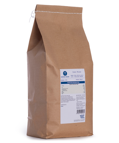 Whole Food Earth Corn Flour in 1kg bag, natural yellow cornmeal used for baking and cooking, part of Serious Grains flours and grains.