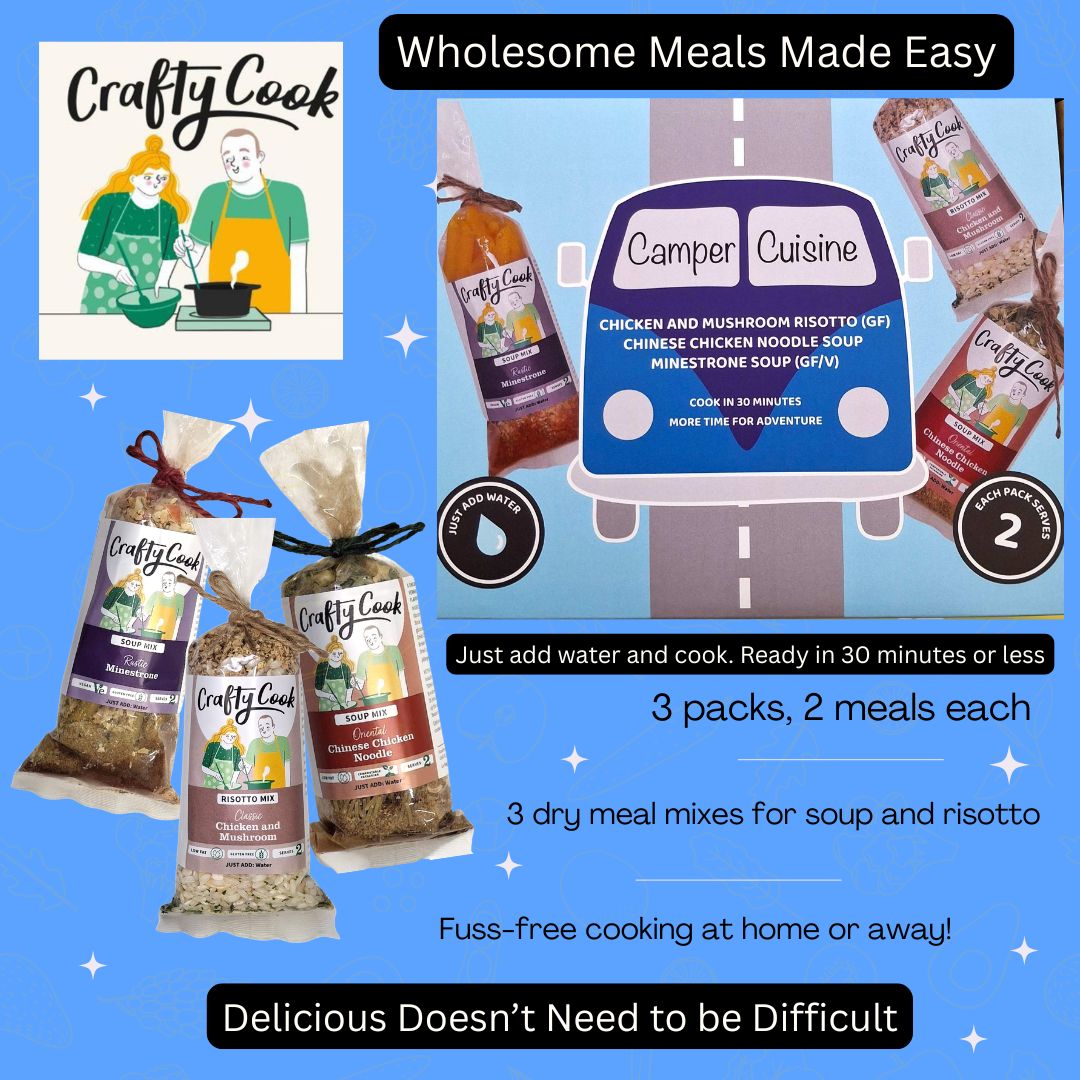 Crafty Cook blue van-themed 3x 2-serving box collection bundle, featuring colorful packaging and vintage vehicle design.