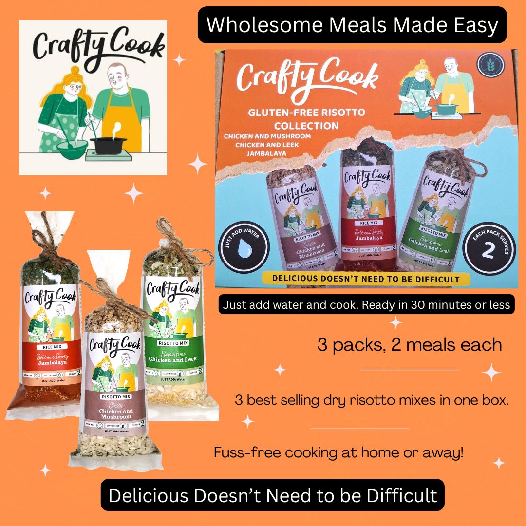 Two bundles of Crafty Cook gluten-free risotto box collections, each with three 2-serving boxes, displayed on a countertop.