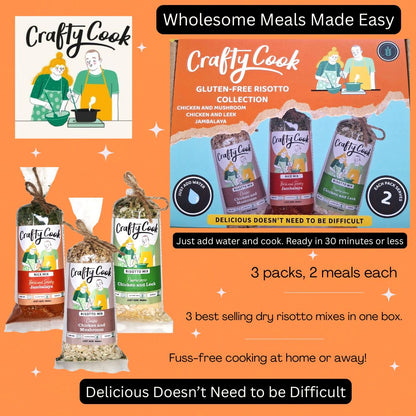 Two bundles of Crafty Cook gluten-free risotto box collections, each with three 2-serving boxes, displayed on a countertop.
