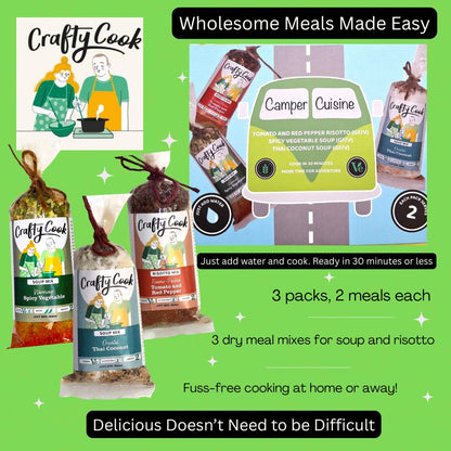 Crafty Cook green van 2-bundle deal with three 2-serving box collections, featuring colorful packaging and product details visible.