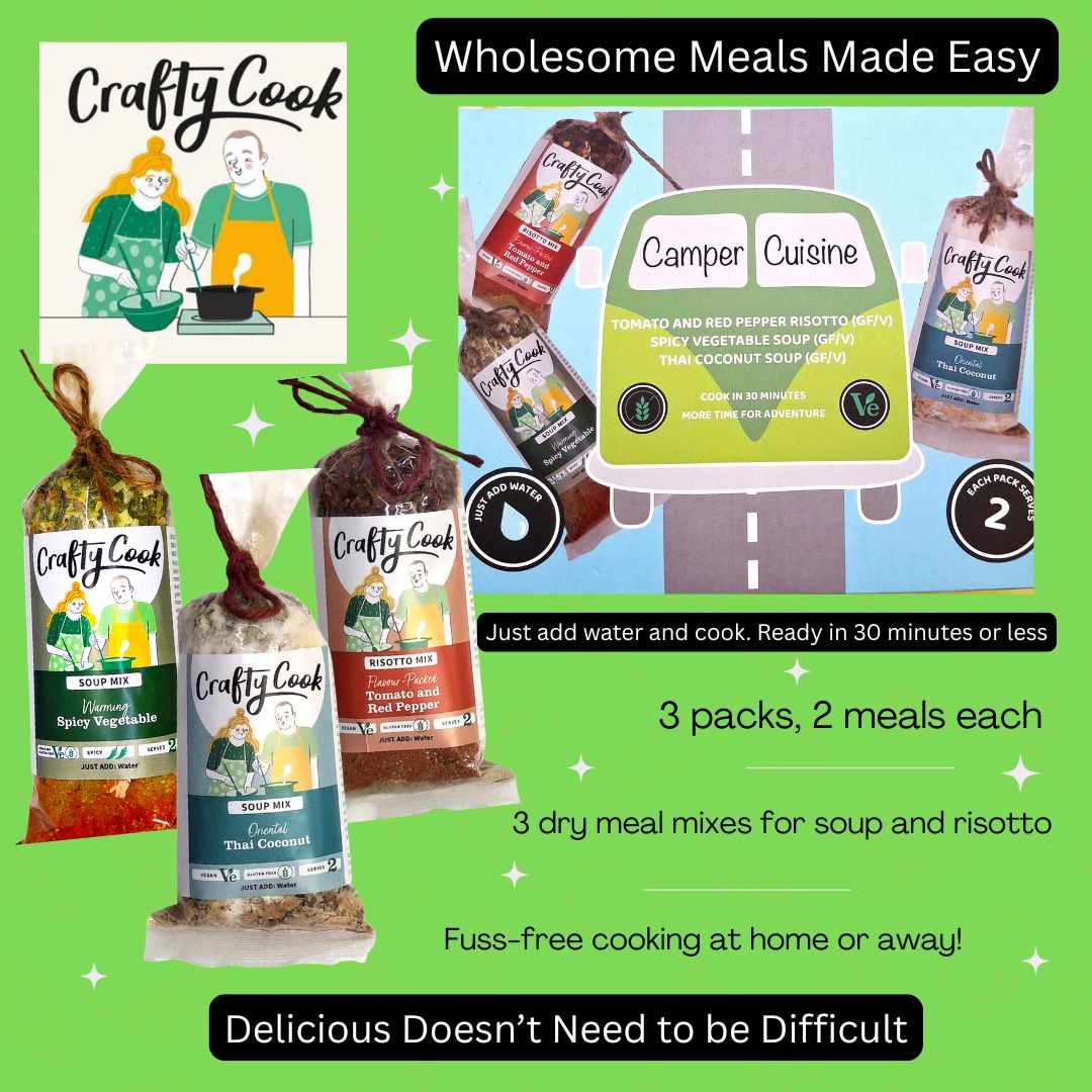Camper Cuisine Green - 3 packs, 6 meals, one box, just add water. Crafty Cook easy fuss free meals