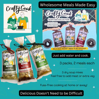 Two Crafty Cook bundle boxes featuring three 2-serving collections, showcasing variety and packaging for easy meal options.