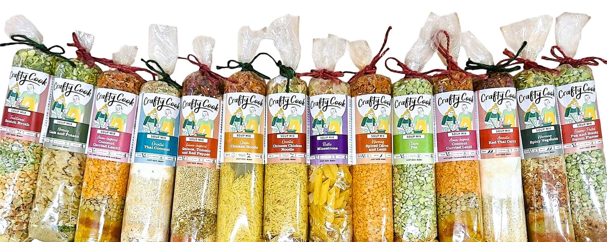 Crafty Cook 3 Course Meal Bundle with assorted soup mixes, featuring colorful packaging and variety of flavors.