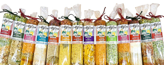 Crafty Cook Hamper10 Savoury Bundle with assorted soup mixes, featuring colorful packets and ingredients arranged for display.