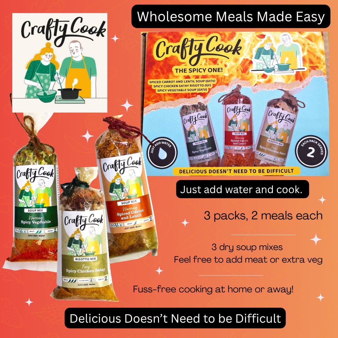 Crafty Cook spicy box collection featuring three 2-serving boxes in a colorful and inviting packaging layout.