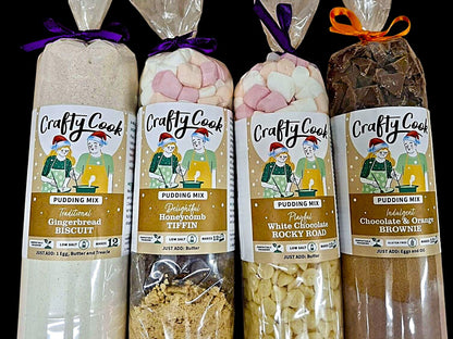 Crafty Cook Pudding Heaven mix from Kandy Kitchen Creations, featuring various pudding flavors in colorful packaging.