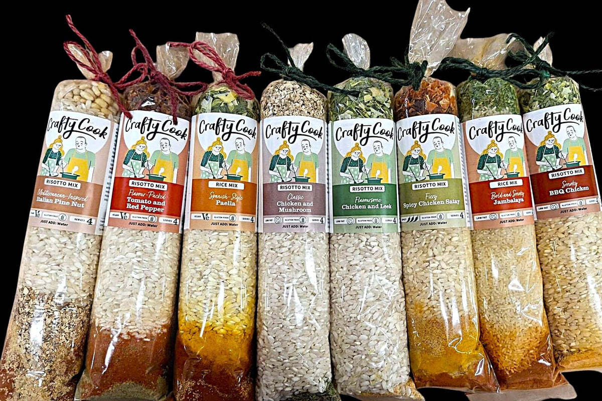 Crafty Cook Savoury and Sweet Bundle hamper featuring assorted risotto mixes and gourmet treats in a colorful gift box.
