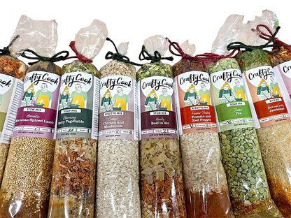 Crafty Cook Souper 6 Savoury Bundle featuring soup, stew, and risotto mixes with colorful ingredients and packaging.