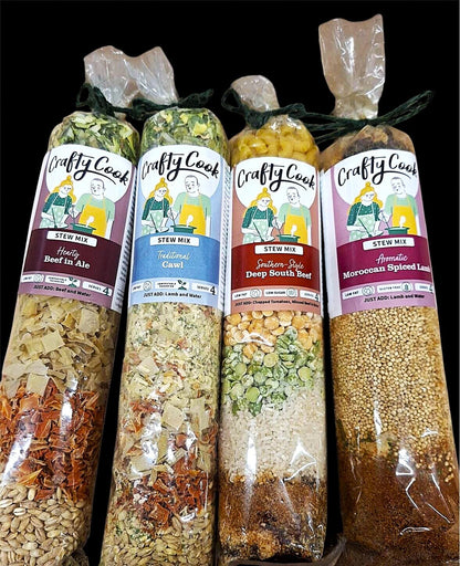 Crafty Cook 3 Course Meal Bundle with assorted stew mixes by Kandy Kitchen, displayed in colorful packaging.