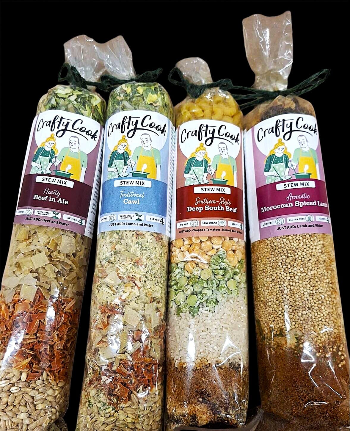 Crafty Cook Hamper10 Savoury Bundle with a variety of stew mixes and savory treats, displayed in an open gift hamper.
