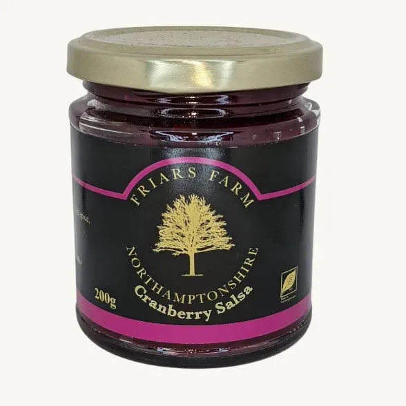 Cranberry salsa relish in a bowl, featuring vibrant red cranberries and herbs, made by Friars Farm in a 200g jar.