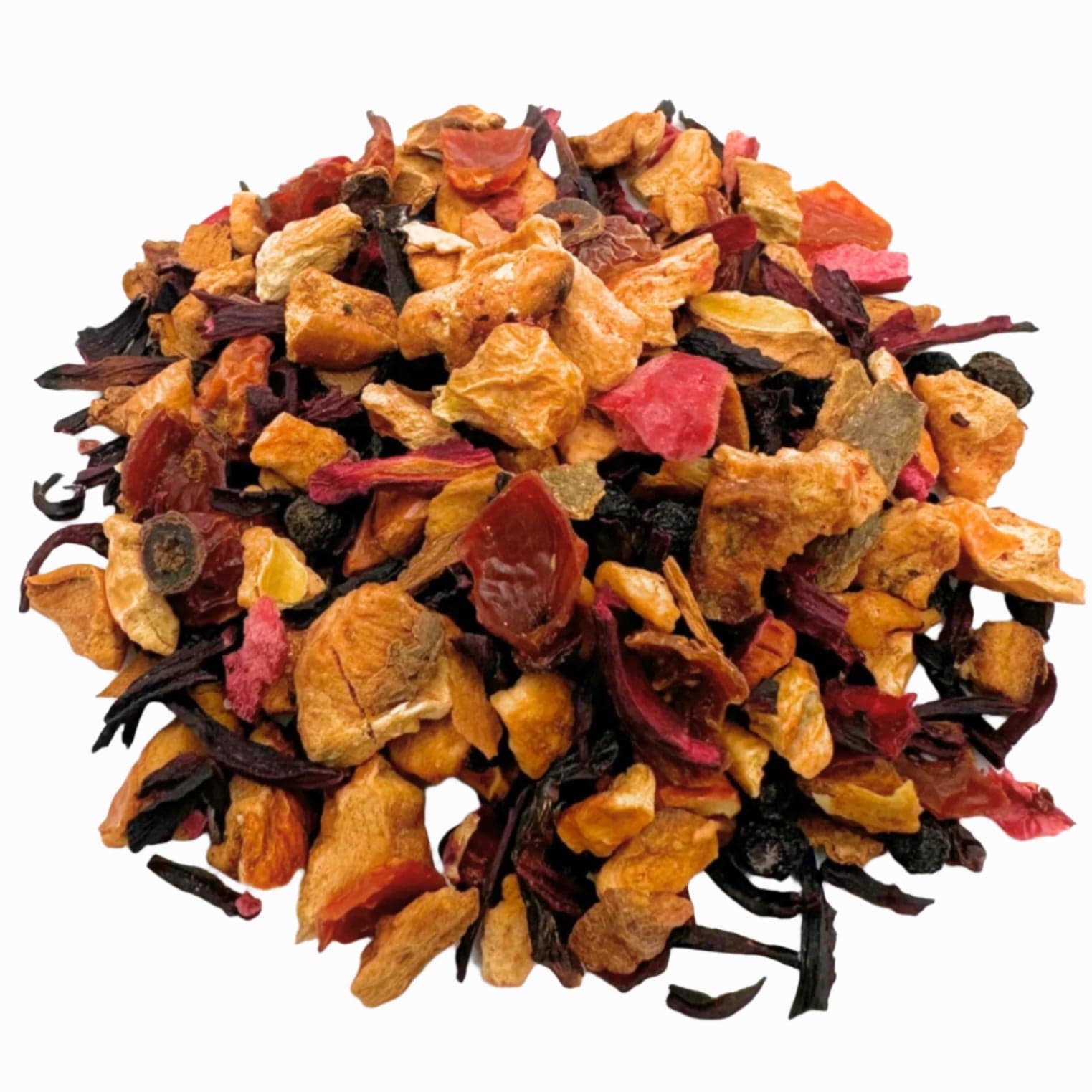 Porter Hill Tea Company Cranberry Apple Tart fruit and herbal tea in a cup with fresh cranberries and apple slices.
