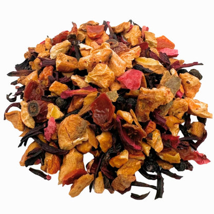 Porter Hill Tea Company Cranberry Apple Tart fruit and herbal tea in a cup with fresh cranberries and apple slices.