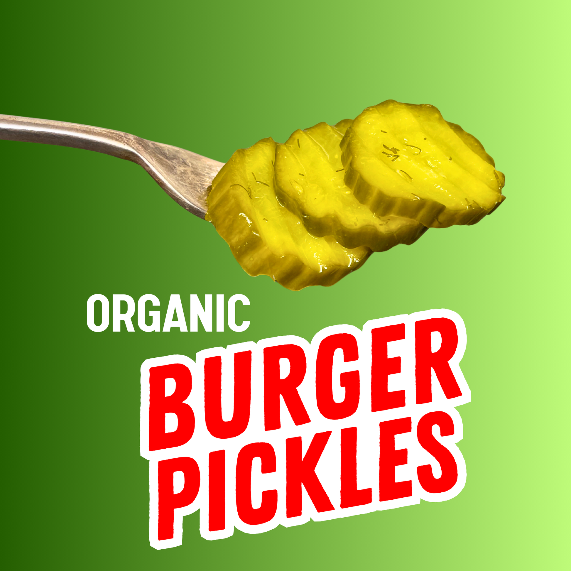 Fork with organic burger pickle slices by PICKLEBITS against a green background