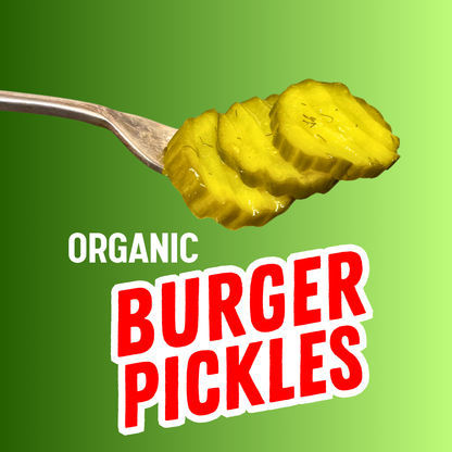 Fork with organic burger pickle slices by PICKLEBITS against a green background