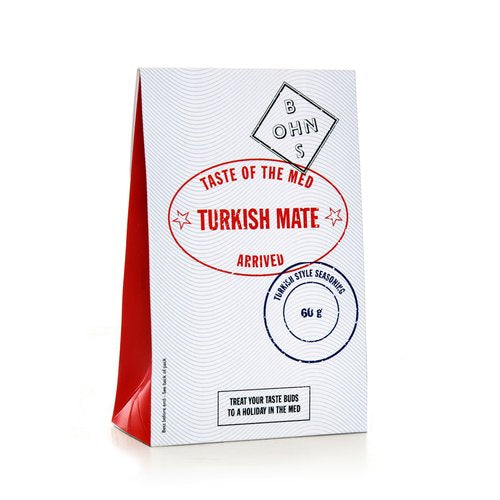Turkish Mate seasoning by BOHNS Rubs in a jar, highlighting the Turkish-style spice blend for Mediterranean flavor.