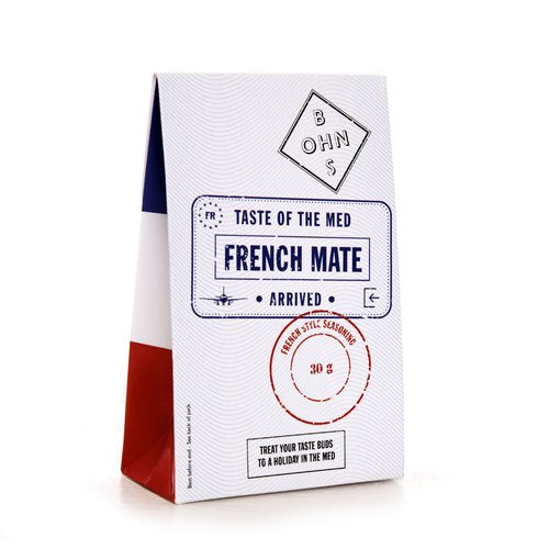 French Mate Taste of the MED French seasoning book by BOHNS Rubs, featuring colorful pages and recipe illustrations.