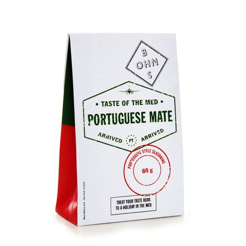 Portuguese Mate seasoning by BOHNS Rubs, showing a colorful blend of herbs and spices in a jar for Portuguese-style flavoring.