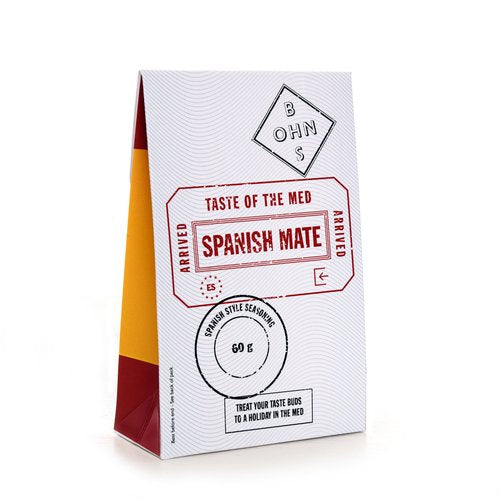 Spanish Mate seasoning by BOHNS Rubs, a blend of Mediterranean-inspired spices in a jar with a colorful label.