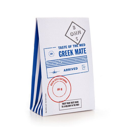 Greek Mate book by BOHNS Rubs featuring Greek-style seasoning recipes, with pages open showing colorful spice illustrations.