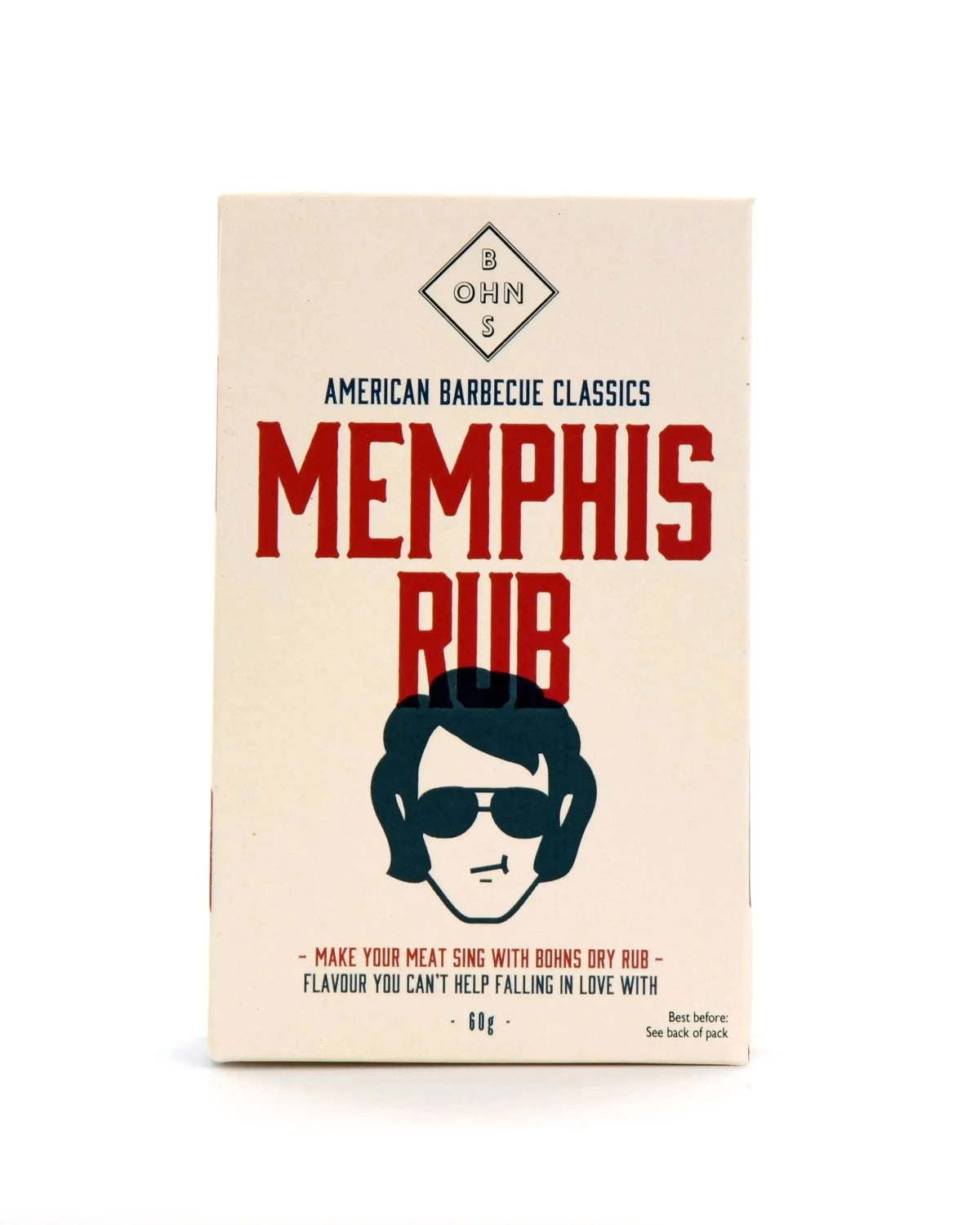 BOHNS Rubs Memphis BBQ Rub container with label showing the spice blend for grilling and smoking meat.