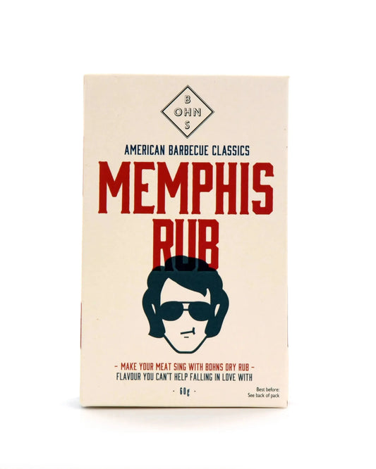 Bohns Rubs Memphis Rub seasoning in a jar, ideal for BBQ and grilling, with a blend of spices for flavorful meat preparations.