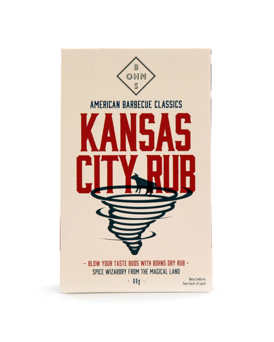 Kansas City Rub by BOHNS Rubs, a flavorful spice blend for grilling and barbecue, shown in a jar with a textured spice mix.