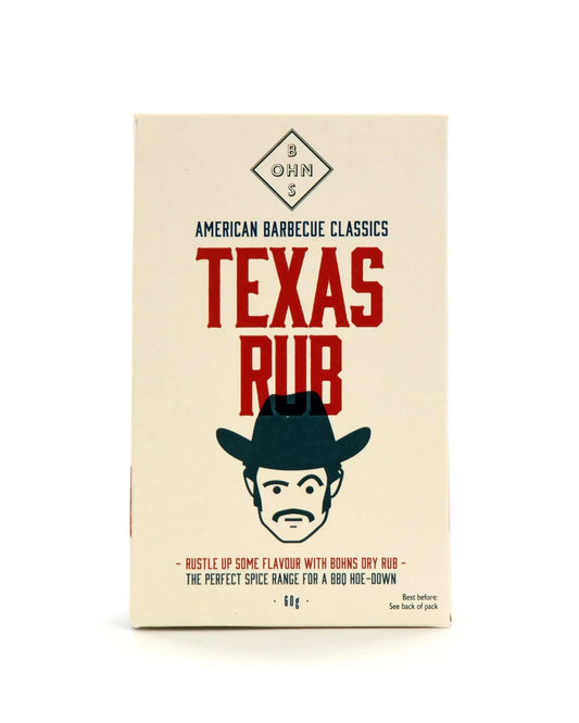 BOHNS Rubs Texas Rub seasoning container with label, perfect for BBQ, featuring a blend of spices for smoky, flavorful grilling.