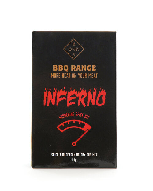 BOHNS Rubs Inferno BBQ spice range with fiery seasoning and bold flavor on grilled meats, emphasizing intense heat and spice.